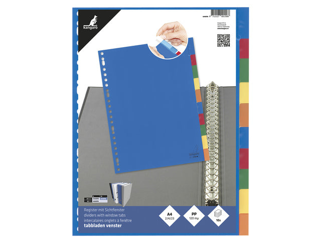 Tabblad Kangaro A4 venster PP 120 micron assorti 23-gaats 10-delig