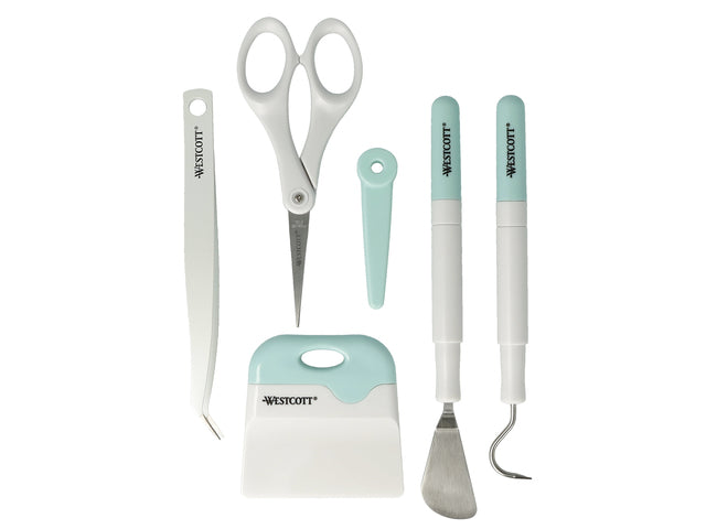 Crafttoolset Westcott 6 delig schraper, schaar met bescherm- kap, pelhaak, spatel en pincet