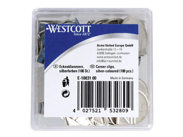 Hoekclips Westcott aus silbernem Aluminium in Kunststoff für 100 Stück