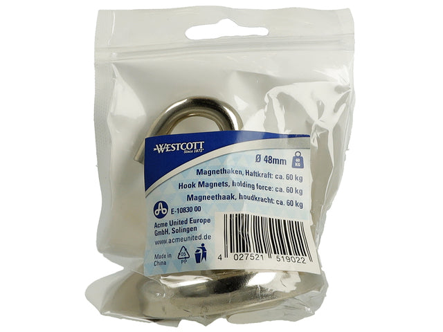 Magneet Westcott met haak 48mm zilver. Trekkracht +/- 60kg
