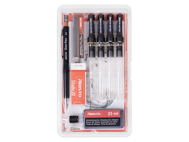 Tekenpen PRO Aristo Studio-Set, 9-teilig, 0,13–0,40–0,60–0,80 mm, Tekenpen, Geo-pen 0,5 mm, Teken-Tinte 23 ml, schwarz, Gummi Studio 20, Universal-Adapter für Stift und Stift. Potloden 0,5mm