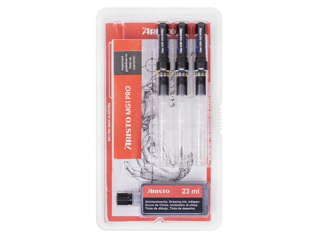 Tekenpen PRO Aristo College-Set, 4-teilig, 0,20–0,30–0,50 mm, Tintenstift und 23 ml schwarz