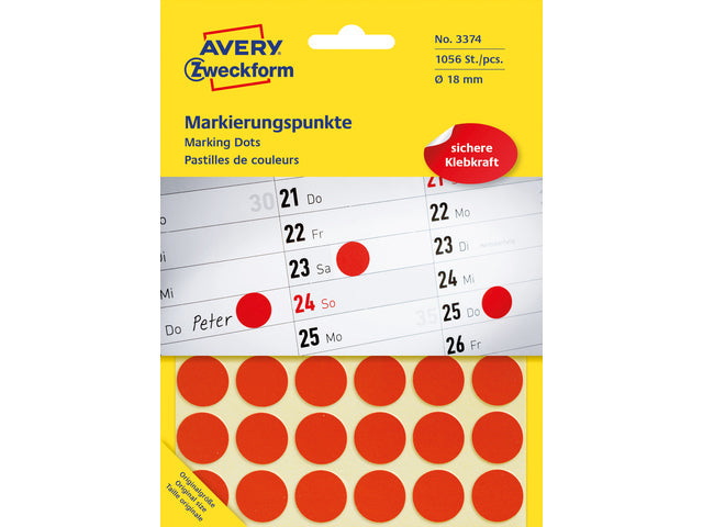 etiket Zweckform 18mm rond blister 22 vel a 48 etiketjes rood