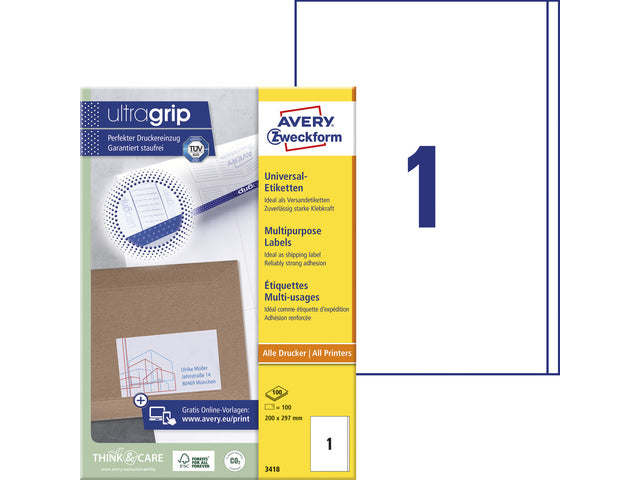 etiket Avery ILK 210x297mm 100 vel 1 etiket per vel wit