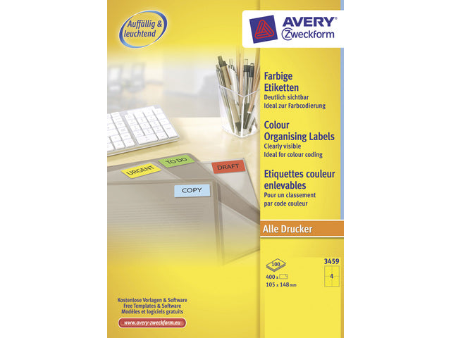 Etikett Avery ILK 105 x 148 mm, 100 Vel, 4 Etiketten pro Vel, gelb