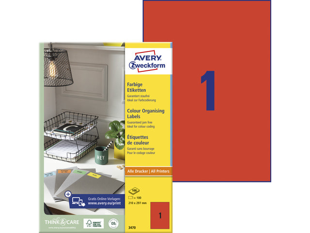 etiket Avery ILK 210x297mm 100 vel 1 etiket per vel rood