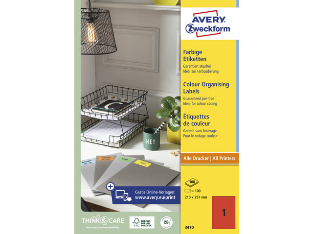 etiket Avery ILK 210x297mm 100 vel 1 etiket per vel rood