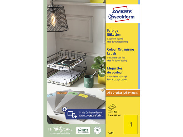 etiket Avery ILK 210x297mm 100 vel 1 etiket per vel geel