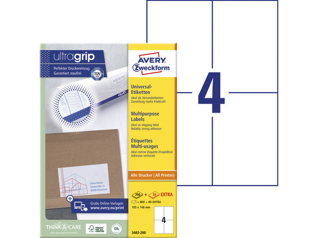 Etikett Avery ILK 105 x 148 mm, 200 Vel, 4 Etiketten pro Vel, weiß