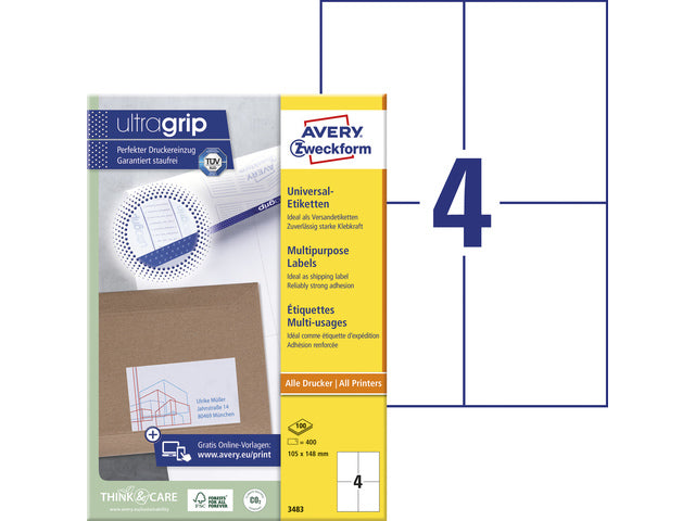 Etikett Avery ILK 105 x 148 mm, 100 Vel, 4 Etiketten pro Vel, weiß