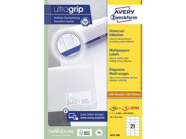 etiket Avery ILK 70x42,3mm 200 vel 21 etiketten per vel wit