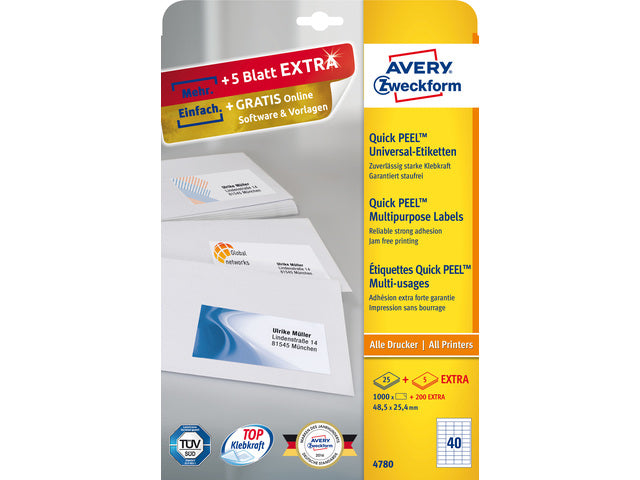 etiket Avery ILK 48,5x25,4mm 25 vel + 5 vel extra 40 etiketten per vel wit