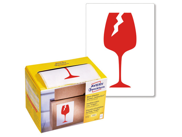 Waarschuwings etiket Avery 'Fragile' op rol in dispenser 74x100mm