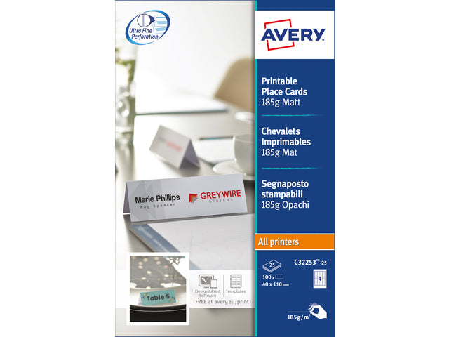 tafelkaarten Avery 110x40mm 185gr wit 25 vel 4 kaarten per vel