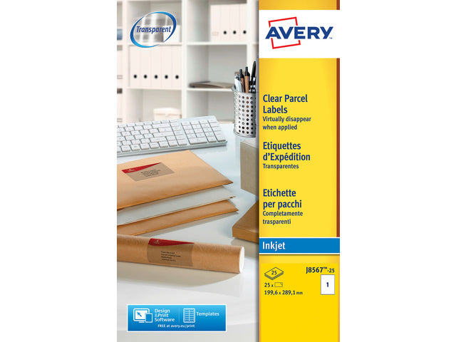 adresetiket Avery 210x297mm transparant 25 vel 1 etiket per vel