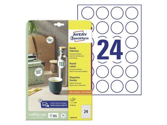 etiket Avery 40mm rond wit 10 vel 24 etiketten per vel