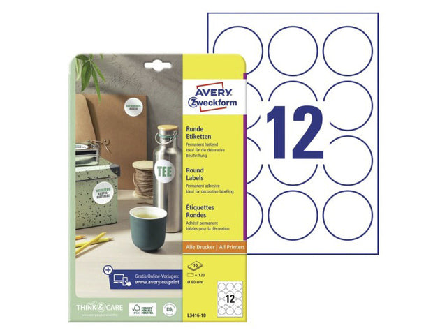 Etikett Avery, 60 mm, rund, mit 10 Klebestreifen, 12 Etiketten pro Klebestreifen