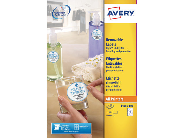 Etikett Avery, 60 mm, rund, mit 100 Vel, 12 Etiketten pro Vel