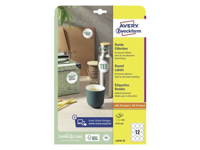 Etikett Avery, 60 mm, rund, mit 10 Klebestreifen, 12 Etiketten pro Klebestreifen
