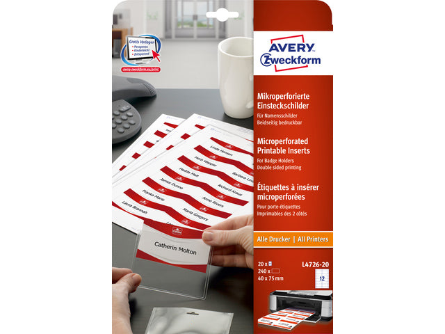 Abzeichen insteekkaart Avery 40x75mm 190grs 20 Vel