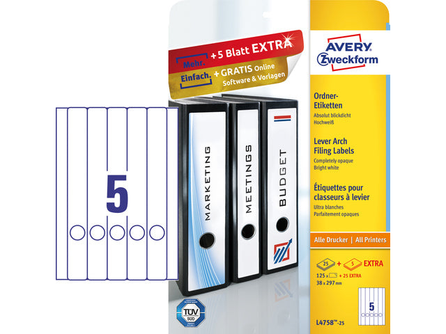 ordnerrugetiket Avery 297x38mm wit 25 vel 5 etiketten per vel
