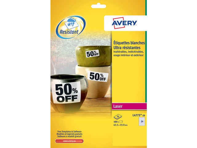 weerbestendig etiket Avery 63,5x33,9mm 20 vel 24 etiketten per vel