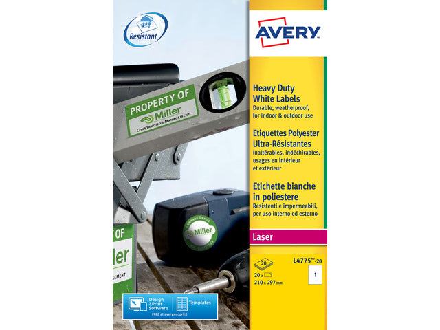 weerbestendig etiket Avery 210x297mm 20 vel 1 etiketten per vel