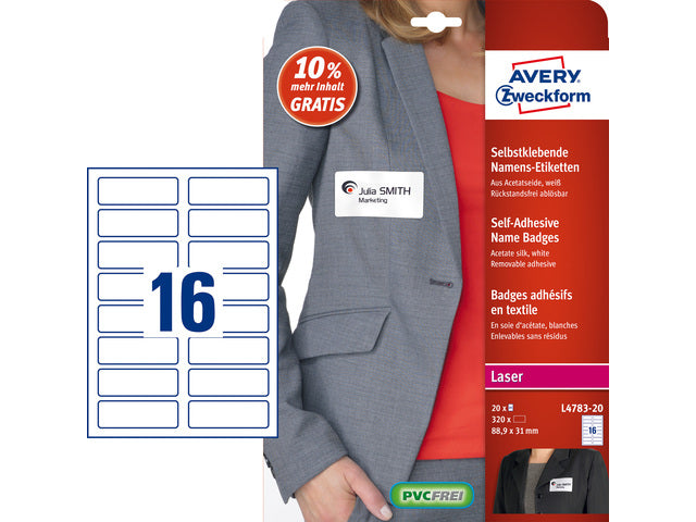 Abzeichenetiketten Avery 88,9x31mm 20 Vel 16 Etiketten pro Vel weiß