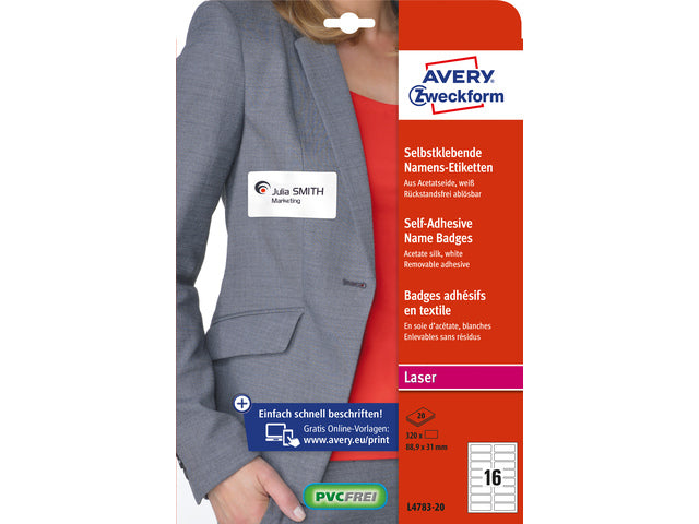 Abzeichenetiketten Avery 88,9x31mm 20 Vel 16 Etiketten pro Vel weiß