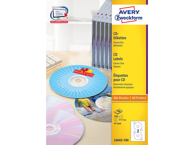 CD-etiket Avery 117mm classic formaat 100 vel 2 etiketten per vel wit