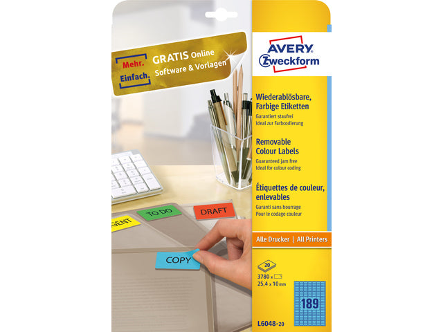 etiket Avery ILK 25,4x10mm blauw 20 vel