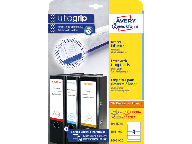 ordnerrugetiket Avery 192x59mm 25 vel 4 etiketten per vel wit