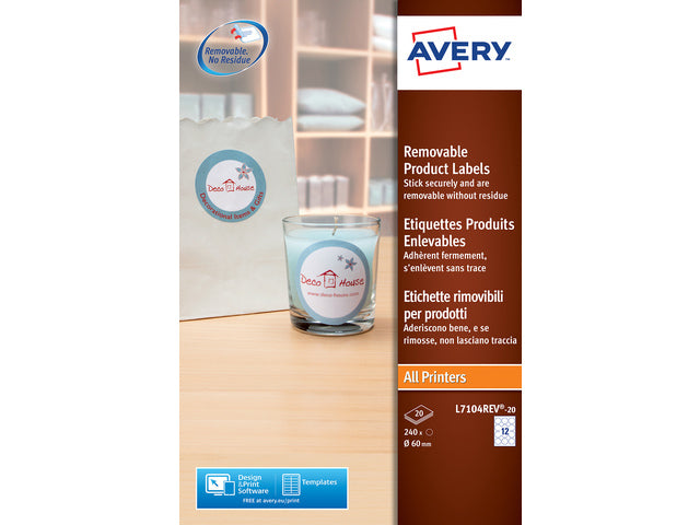 produktetiket Avery rond 60mm wit NP 20 vel 12 etiketten per vel