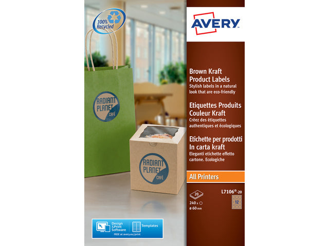 produktetiket Avery rond 60mm bruin 20 vel 12 etiketten per vel