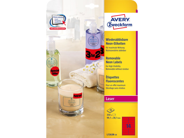 adresetiket Avery 99,1x38,1mm neonrood 25 vel 14 etiketten per vel