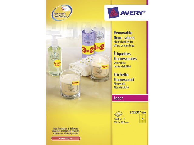 adresetiket Avery 99,1x38,1mm neongeel 100 vel 14 etiketten per vel