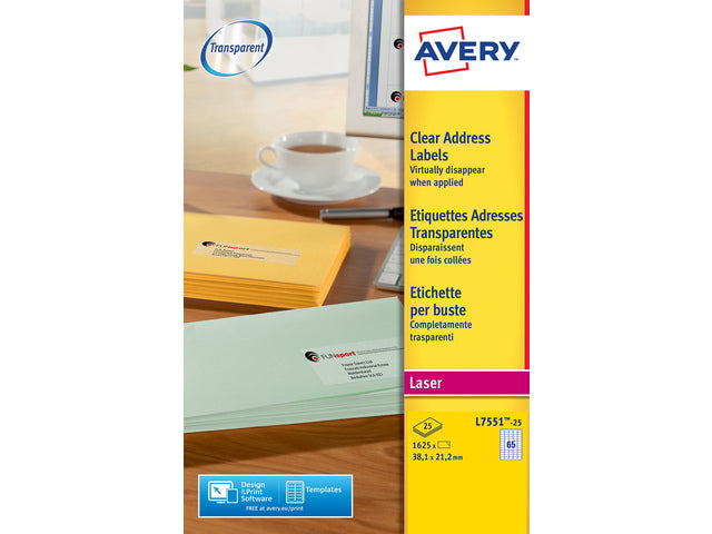 Laseretikett Avery 38,1x21,2mm transparent 25 Vel 65 Etiketten pro Vel
