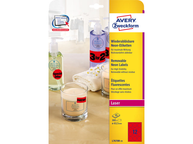 Laseretikett Avery rund 63,5 mm Fluorrot 25 Vel 12 Etiketten pro Vel