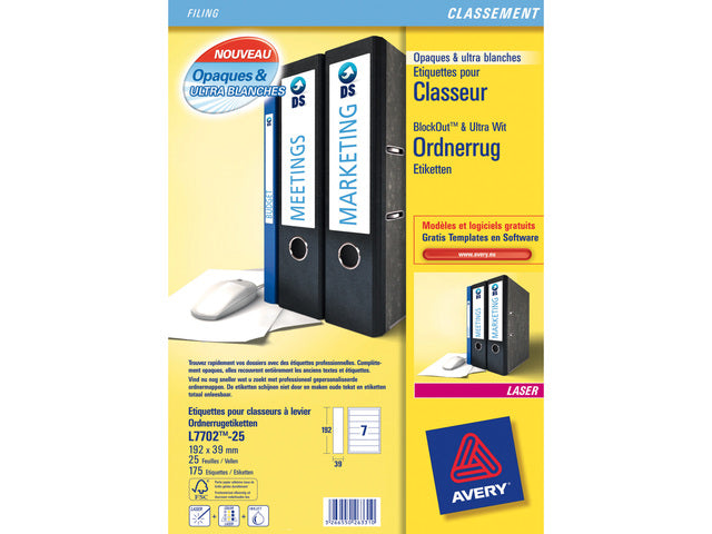 ordnerrugetiket Avery 192x39mm wit 25 vel 7 etiketten per vel