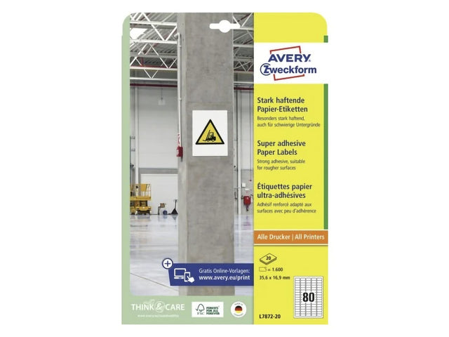 Etikett Avery selbstklebend, 35,6 x 16,9 mm, mit permanenten 20 Etiketten, 80 Etiketten pro Folie
