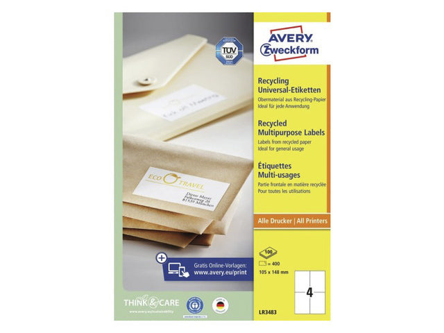 Etikett Avery ILK 105 x 148 mm recycelt 100 Vel 4 Etiketten pro Vel weiß