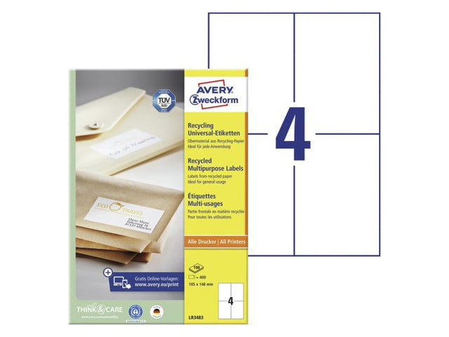 Etikett Avery ILK 105 x 148 mm recycelt 100 Vel 4 Etiketten pro Vel weiß