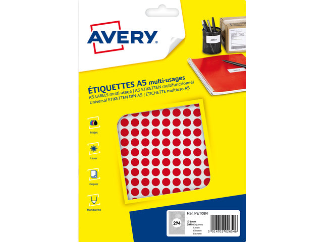 Avery PET08R Verpackung mit 2940 Markierungspunkten – Durchmesser 8 mm – A5-Velours – Rot