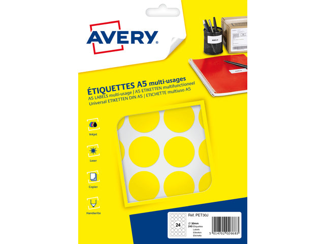 Avery PET30J verpackt mit 240 Markierungspunkten – Durchmesser 30 mm – A5-Velours – Gelb