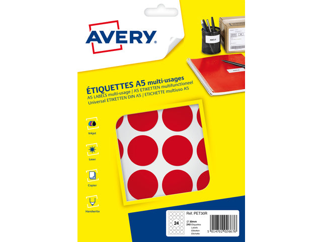 Avery PET30R verpackt mit 240 Markierungspunkten – Durchmesser 30 mm – A5-Velours – Rot