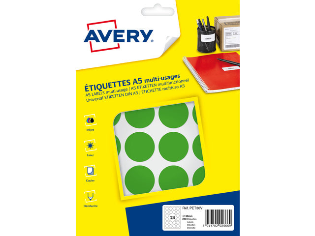 Avery PET30V verpackt mit 240 Markierungsstiften – Durchmesser 30 mm – A5-Velours – Grün
