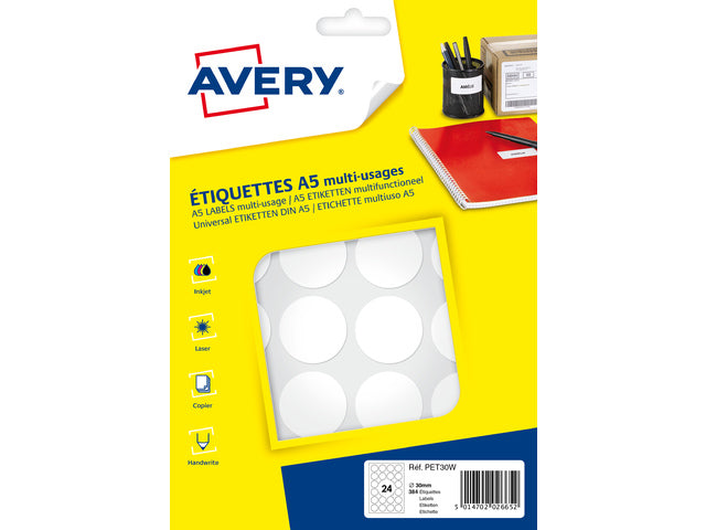 Avery PET30W verpackt mit 384 Markierungsfäden – Durchmesser 30 mm – A5-Velours – weiß