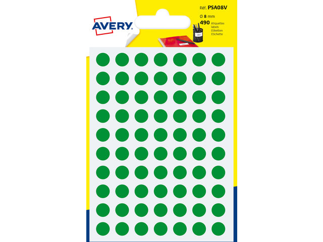 Avery PSA08V verpackt mit 490 Markierungspunkten – Durchmesser 8 mm – A6-Folie – Grün