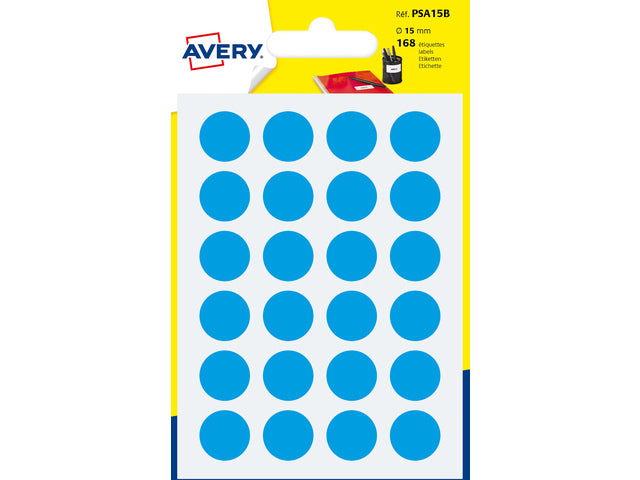 Avery PSA15Bverpakking mit 168 Markierungspunkten – Durchmesser 15 mm – A6-vel – Blauw