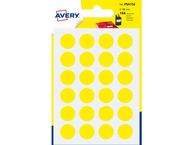 Avery PSA15J verpackt mit 168 Markierungsstiften – Durchmesser 15 mm – A6-Folie – Gelb